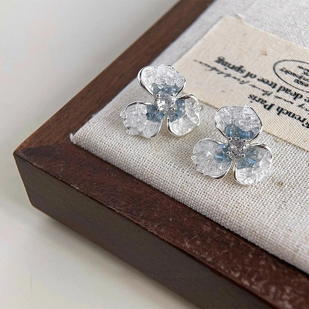 Elegant Iris Flower Drop Earrings Copper Micro Pave Zircon Glass Crystal Gradient Summer Jewelry