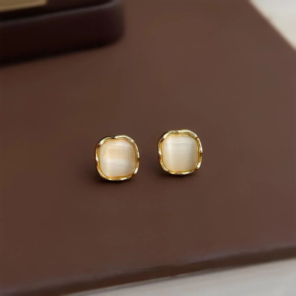Minimalist 14K Plated Copper Square Glass Cat Eye Stone Stud Earrings With Silver Plated Pins