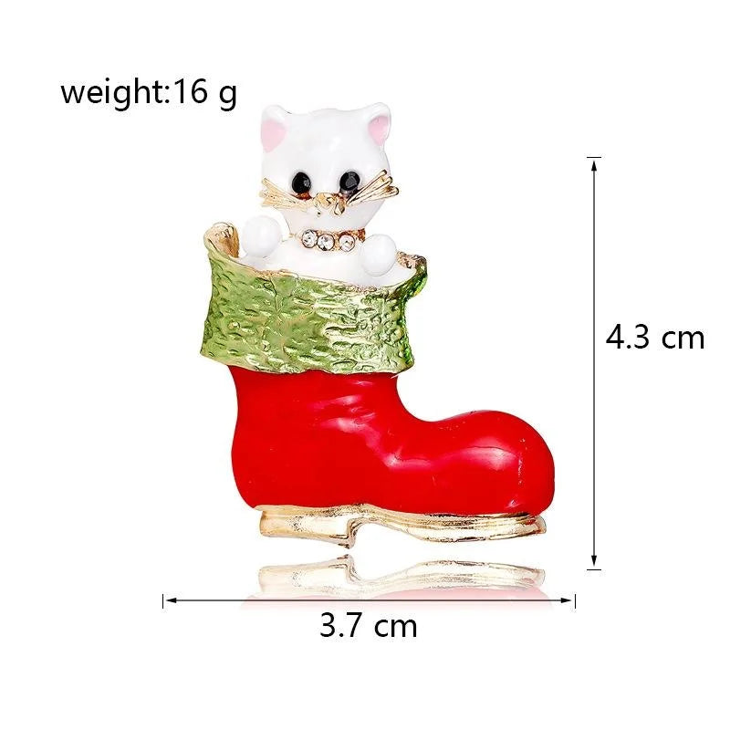 Cute Enamel White Cat In Red Christmas Stocking Rhinestone Alloy Brooch Lapel Pin Corsage Gift