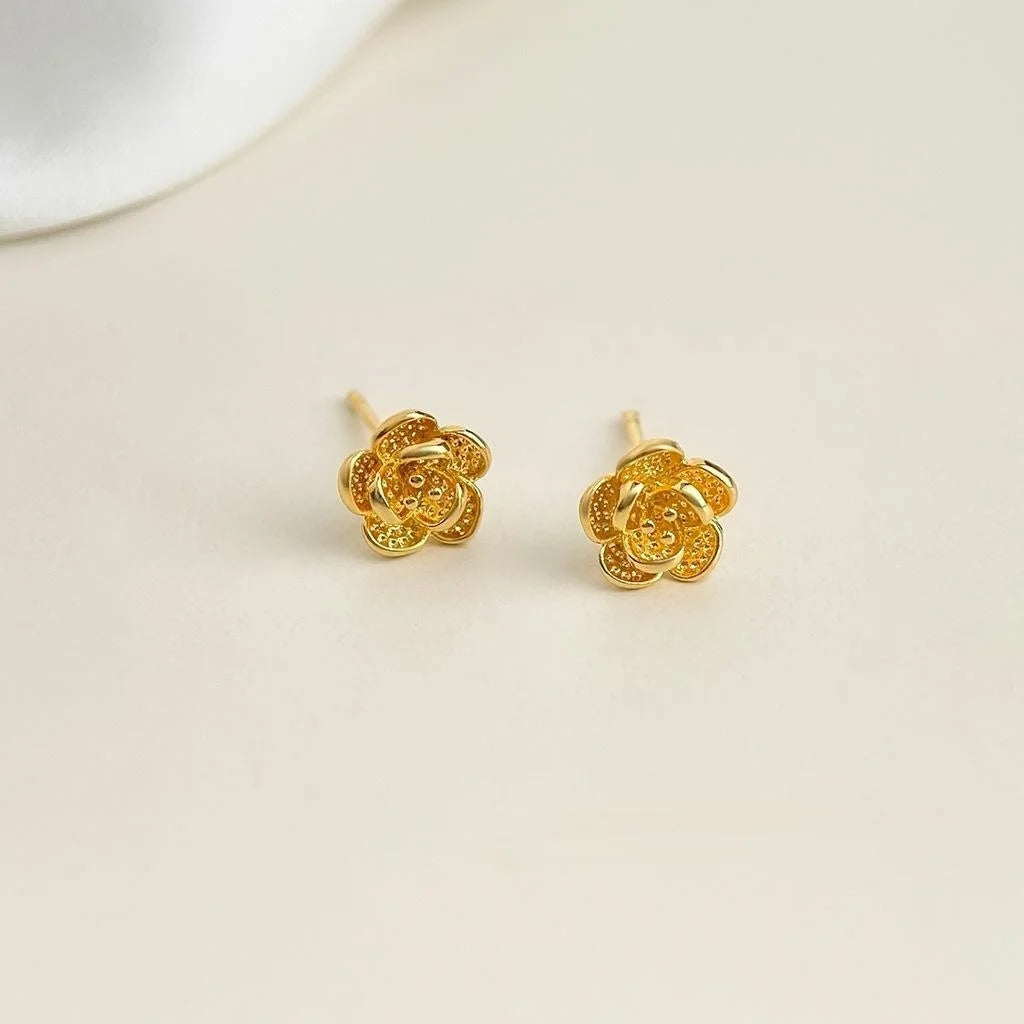 14K Gold Plated Copper 3D Rose Flower Stud Earrings Sweet Minimalist Daily Wear Jewelry
