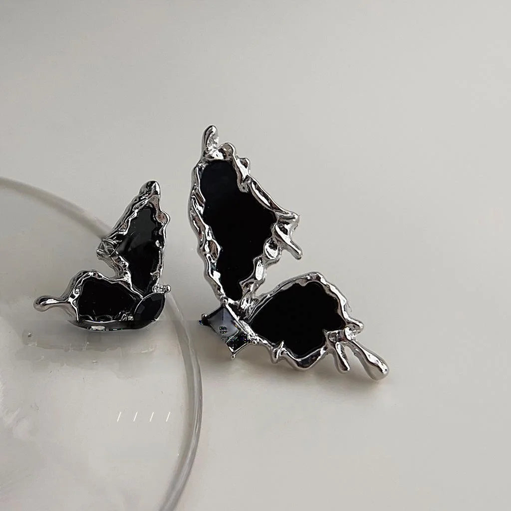 Sweet Cool Asymmetric Black Butterfly Zircon Stud Earrings With Silver Plated Posts