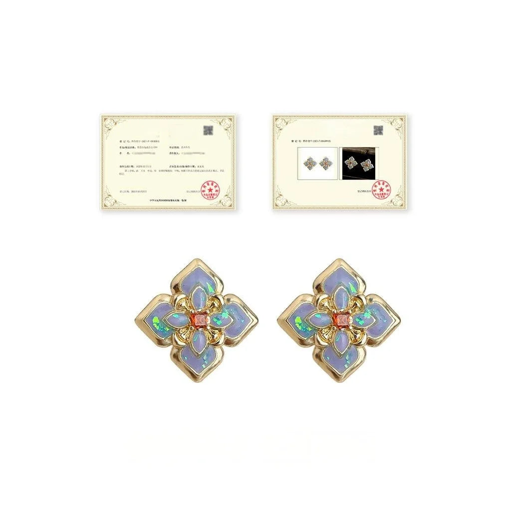 Light Luxury Enamel Drip Glaze Floral Geometric Copper Stud Earrings