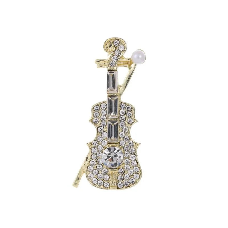 Elegant Violin Brooch With Sparkling Rhinestones And Pearl Accent, Gold Tone Alloy Lapel Pin Gift