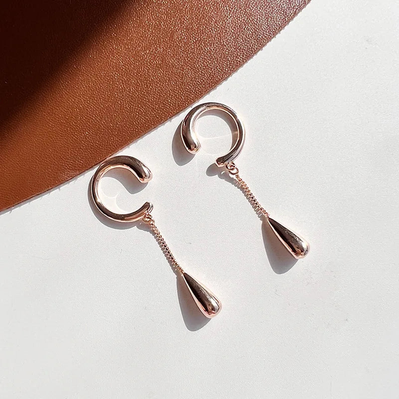Elegant Alloy Ear Cuff Chain Tassel Water Drop Stud & Clip On No Piercing Long Dangle Earrings