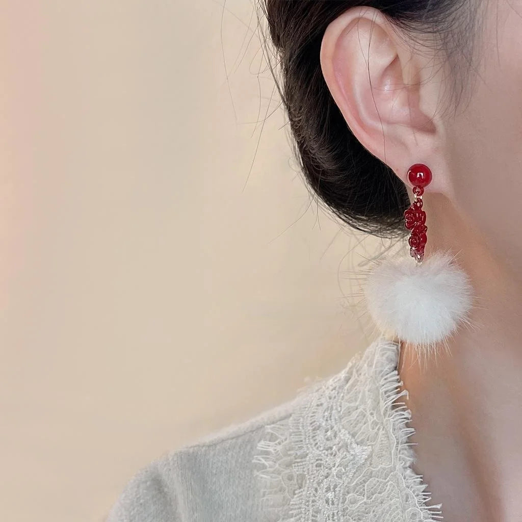 Burgundy Enamel Copper Flower Petal Pom Pom Drop Earrings Fashion OL Winter Jewelry