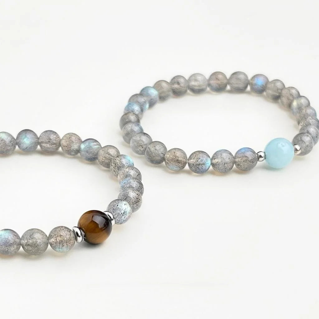 A++ Blue Moonstone Natural Stone Crystal Bracelet With Tiger Eye Aquamarine New Chinese Geometric Design