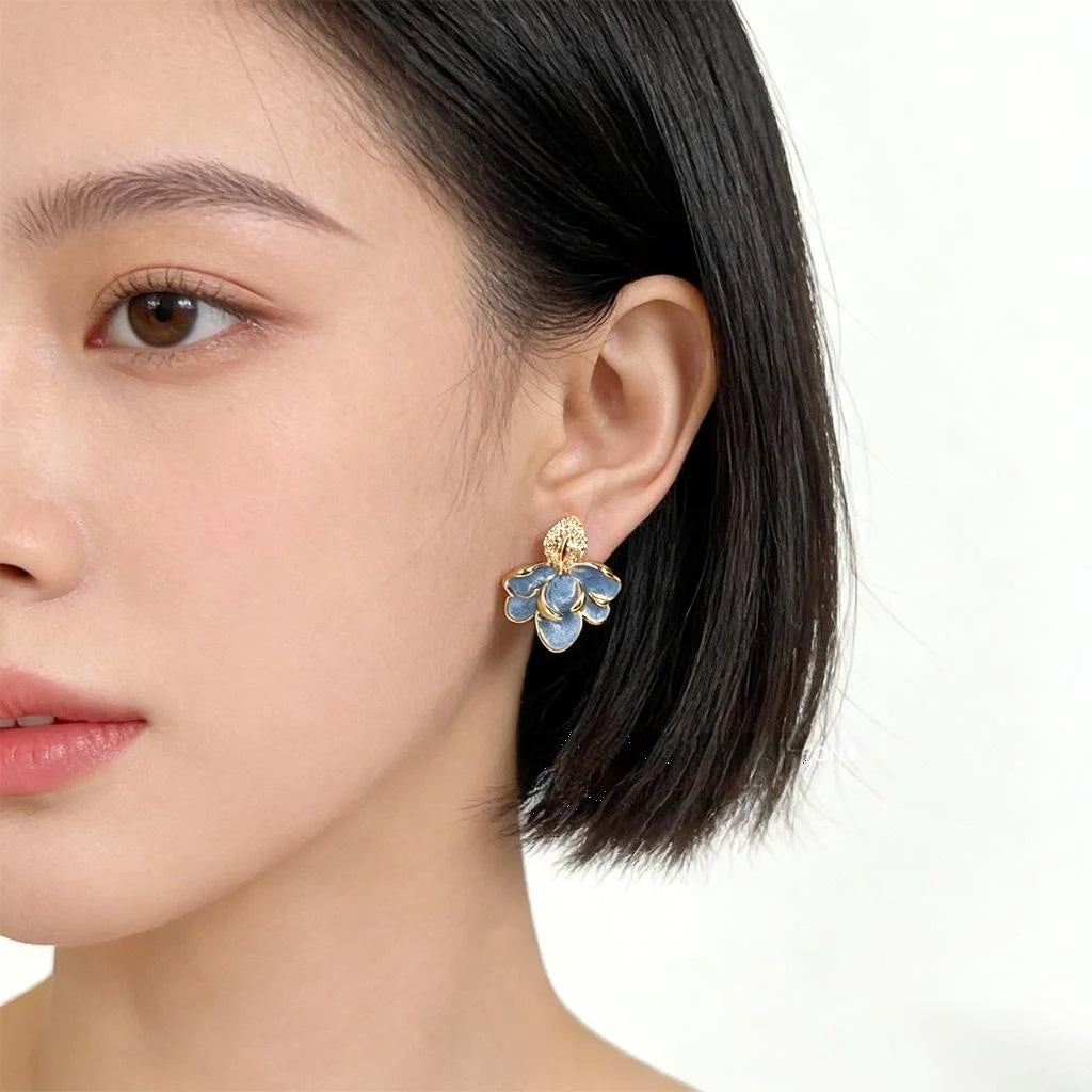 Chic Asymmetric Floral Copper Drop Earrings With Enamel Petals, Zircon Pave And Glass Pearl