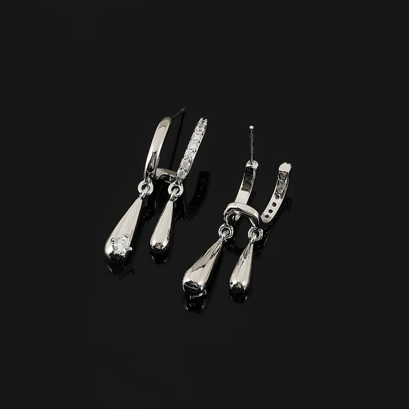 Elegant Zircon Double Hoop Teardrop Dangle Stud & Clip On No Piercing Silver Needle Fashion Earrings