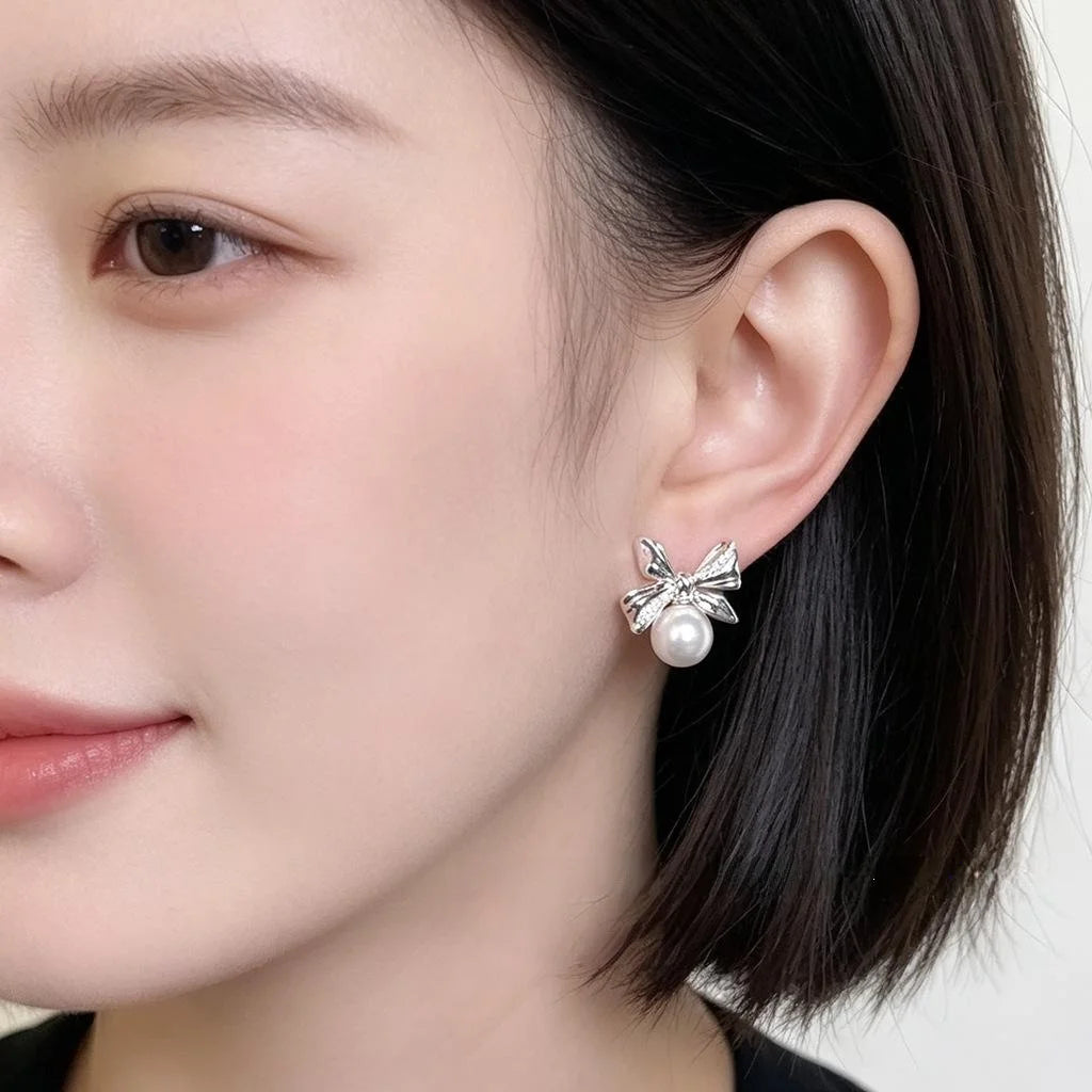 Fashion Silver Bow Glass Pearl Stud Earrings Eco-Friendly Copper Geometric Sweet Jewelry