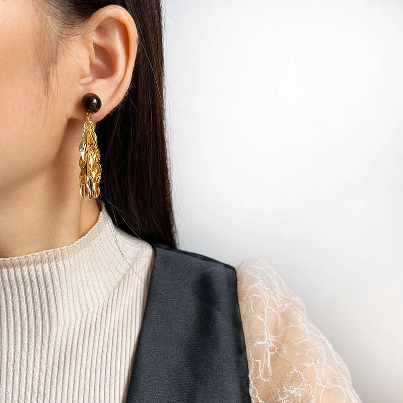 Vintage Tiger Eye Stone Gold Alloy Leaf Tassel Stud & Clip On No Piercing Long Drop Earrings