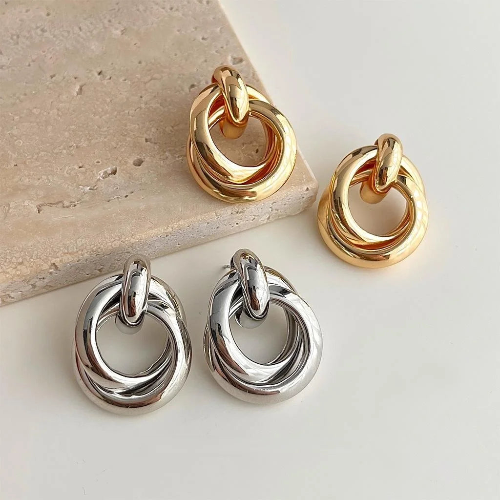 14K Gold Plated Copper Geometric 3D Rope Knot Drop Earrings For Elegant Office Style