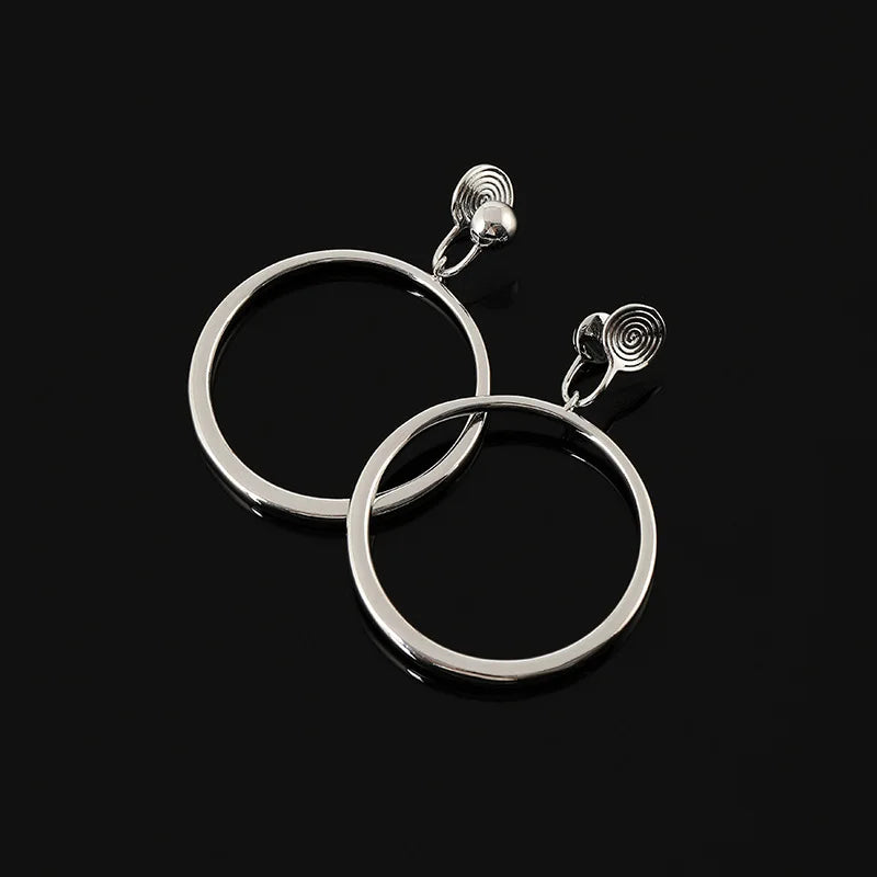 Elegant Silver Alloy Large Circle Hoop Stud & Clip On No Piercing Minimalist Long Dangle Earrings