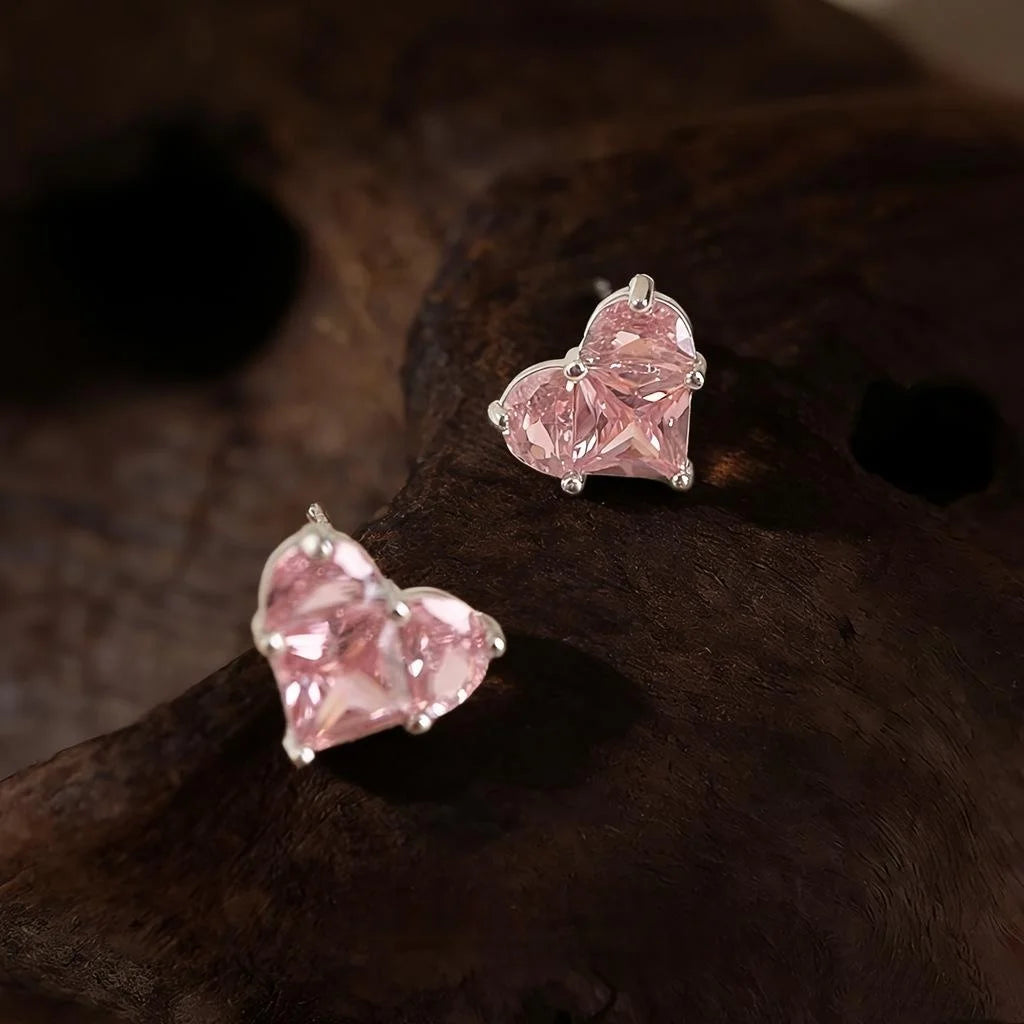 Minimalist Heart Geometric Pink Zircon Copper Stud Earrings For Women