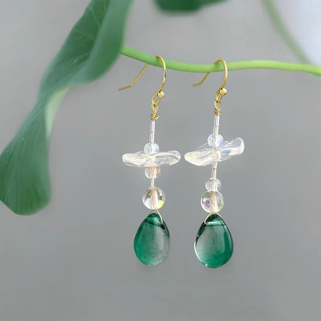 Handmade New Chinese Style Jade Color Glass Crystal Geometric Lotus Leaf Drop Earrings
