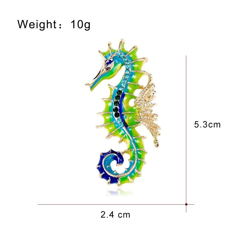 Elegant Enamel Seahorse Brooch With Blue Rhinestones, Gold Tone Alloy Lapel Pin Corsage Gift