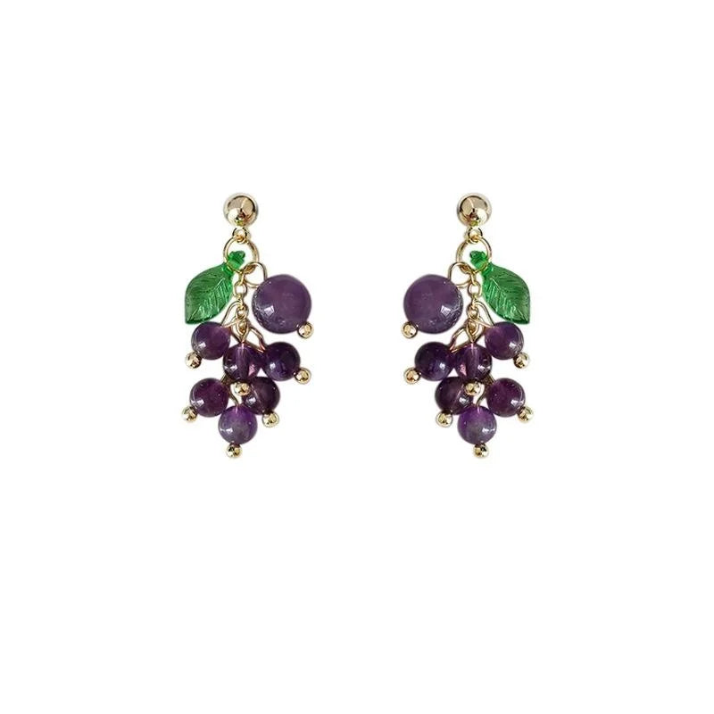 Natural Amethyst Grape Cluster Stud Earrings Handmade Fresh Sweet Forest Style Jewelry