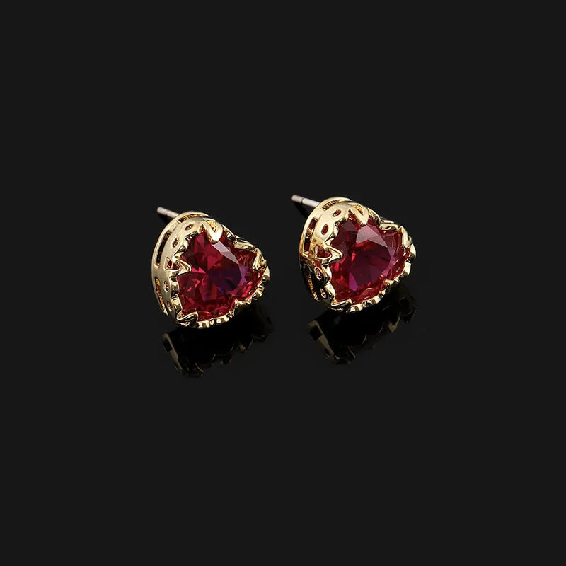 Elegant Rose Red Heart Zircon Gold Tone Alloy Stud & Clip On No Piercing Minimalist Everyday Earrings