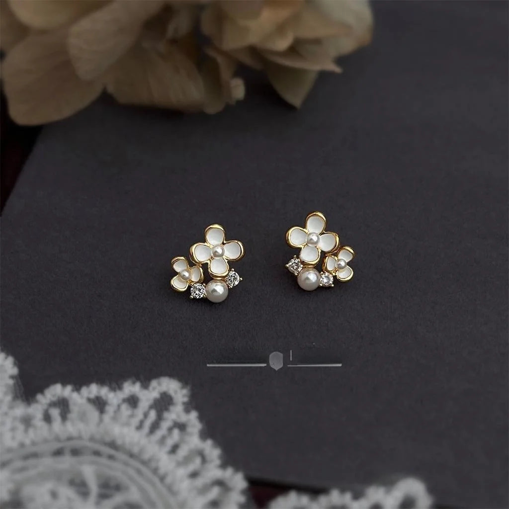 Sweet White Enamel Flower Stud Earrings Copper Micro Pave Zircon Mini Floral Jewelry