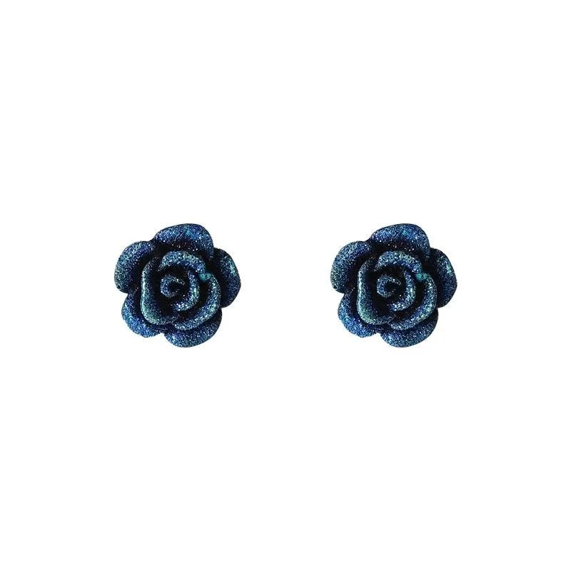 French Vintage Blue Rose Resin Stud Earrings, Frosted Glitter Floral Jewelry