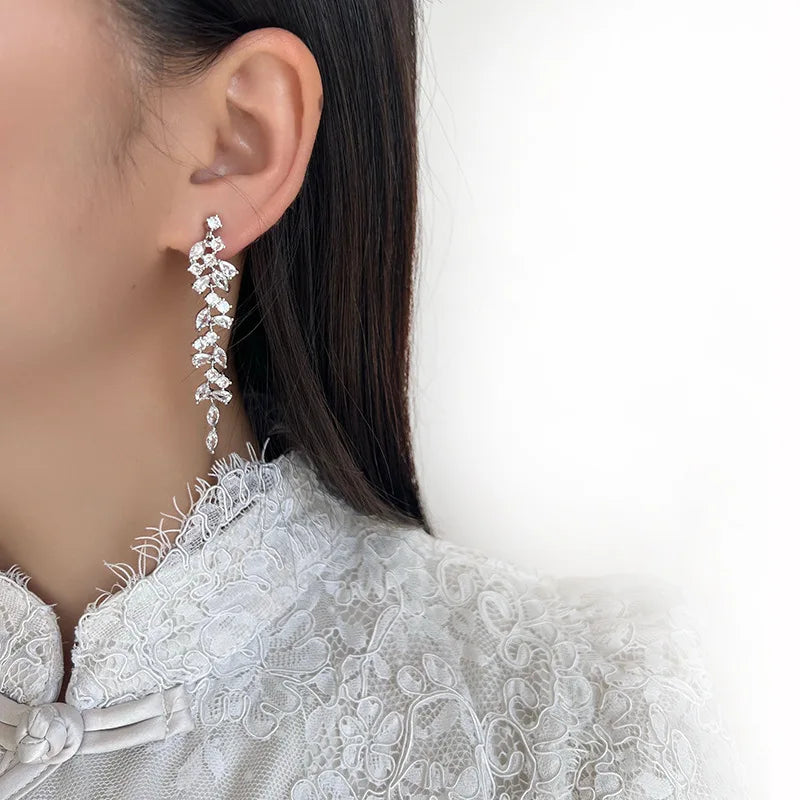 Luxury Zircon Spiral Marquise Leaf Tassel Stud & Clip On No Piercing Long Bridal Drop Earrings