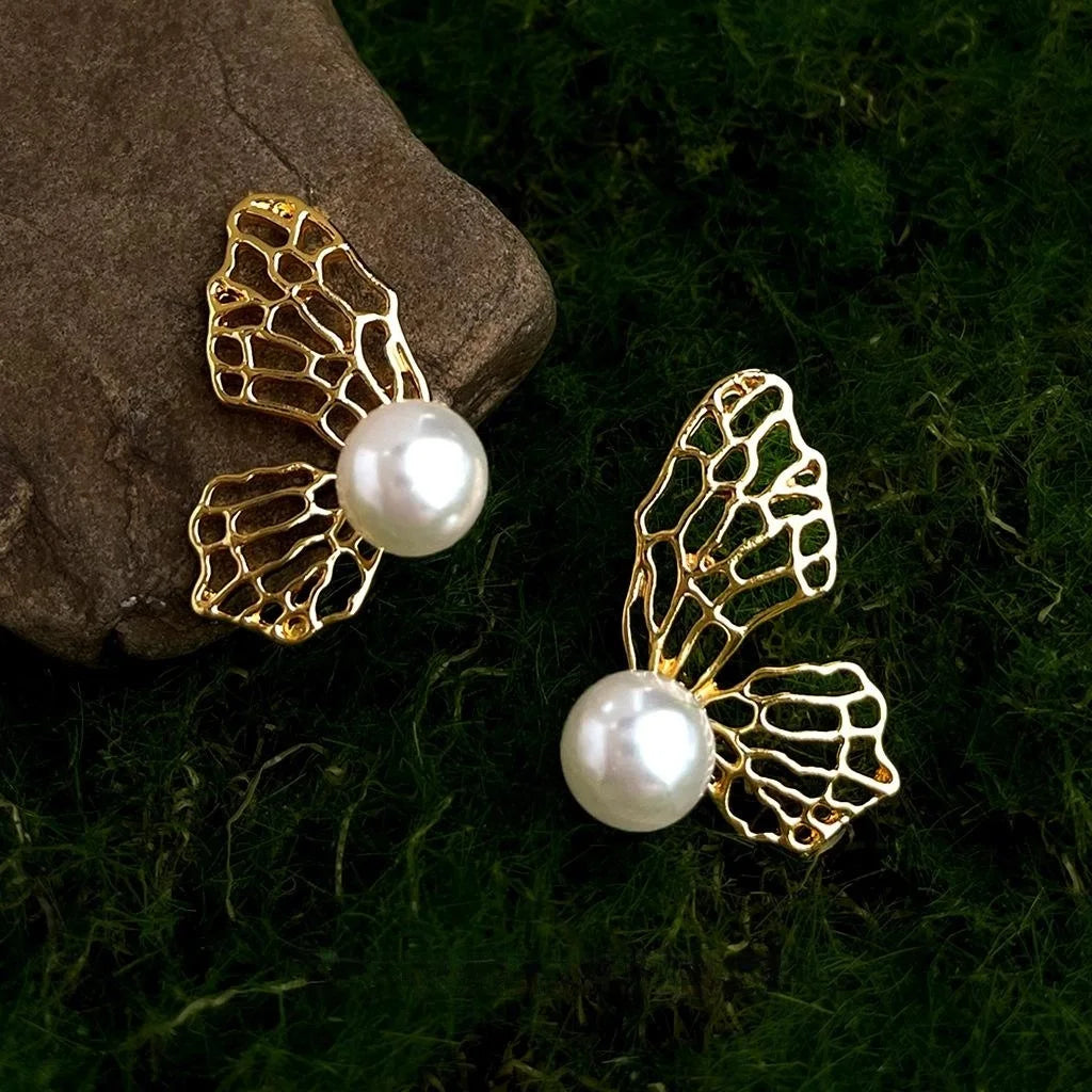 2025 New Sweet Hollow Butterfly Faux Pearl Copper Drop Earrings For Women