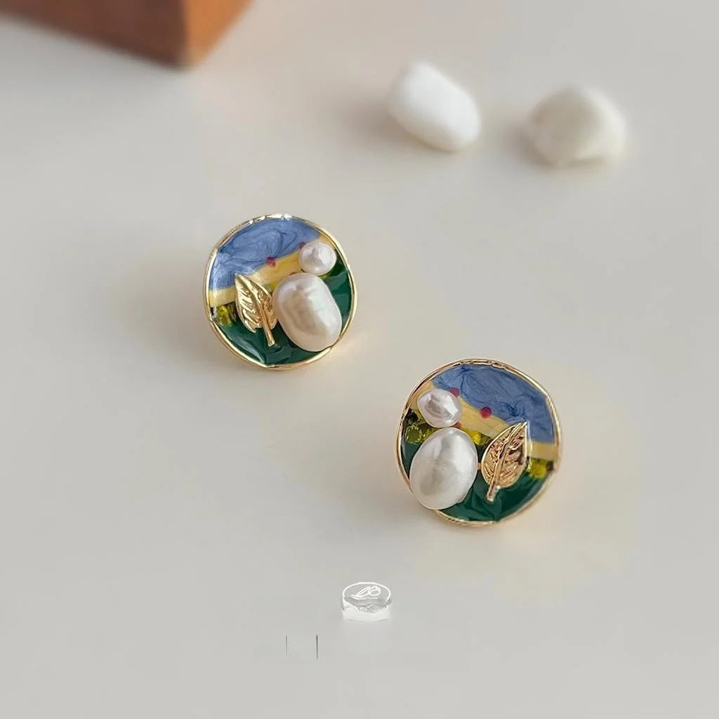 14K Gold Plated Baroque Freshwater Pearl Stud Earrings Irregular Round Geometric Oil Painting Texture