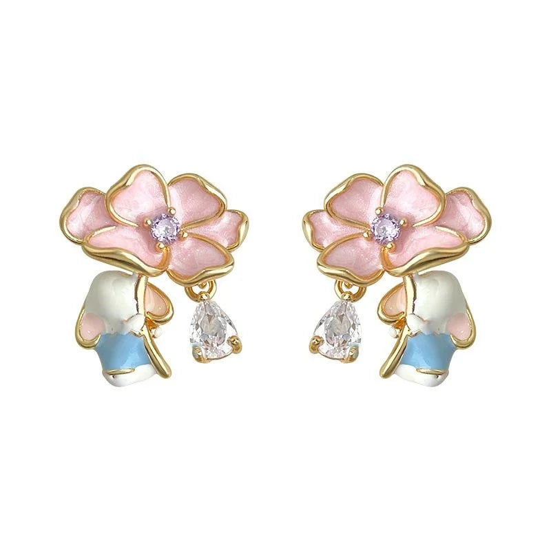 Cute Forest Rabbit Flower Drop Zircon Copper Stud Earrings, Niche Designer Animal Jewelry
