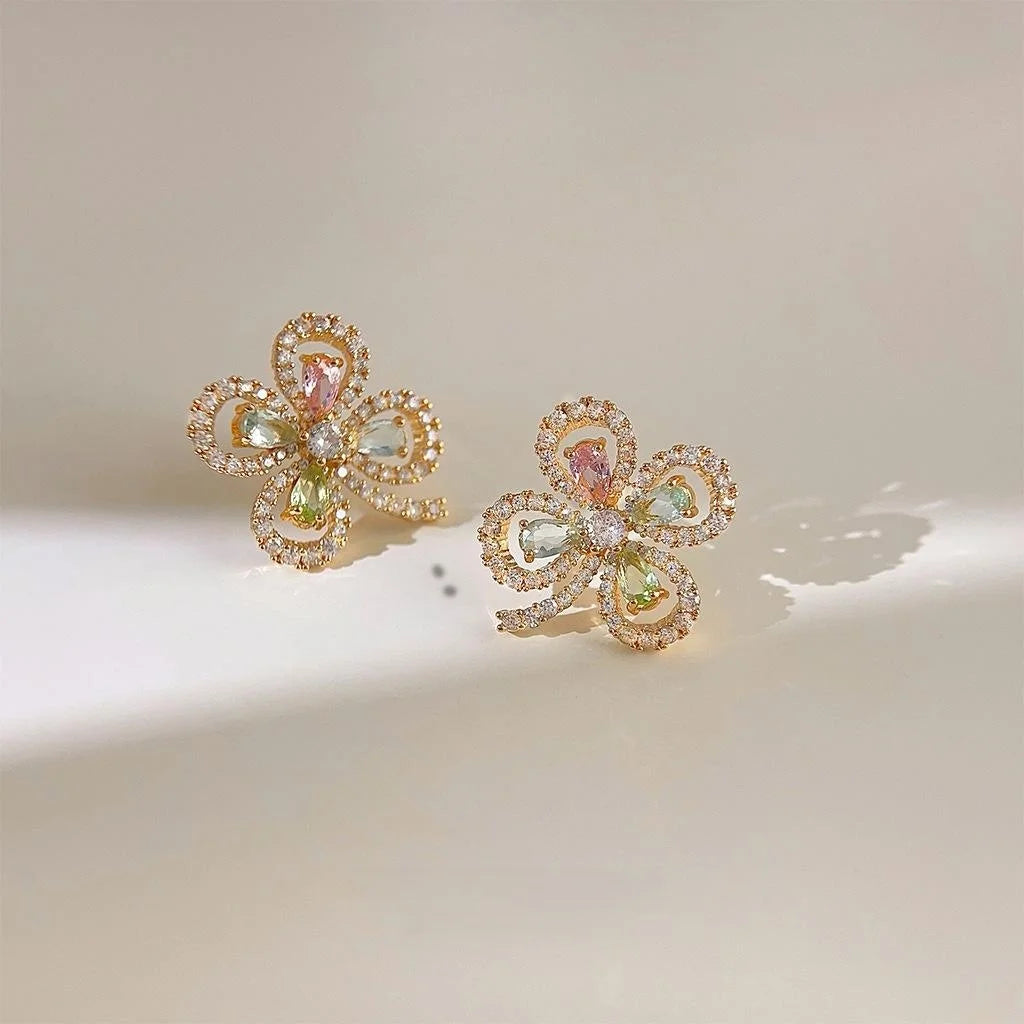 18K Gold Plated Copper Flower Stud Earrings With Micro Pave Color CZ Hollow Lucky Flower Design