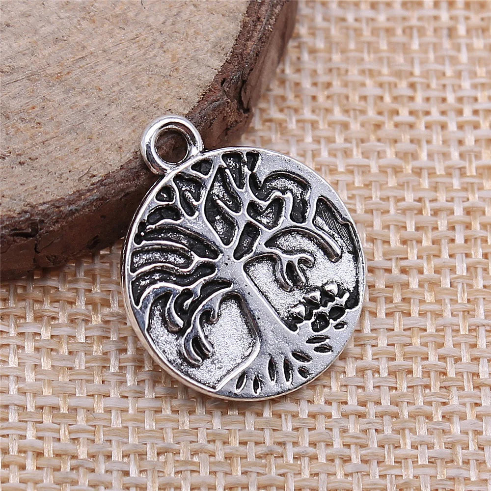 20x24mm 2.4g Antique Silver Zinc Alloy Round Tree Double Sided Charm Pendant for DIY Necklace Bracelet Making