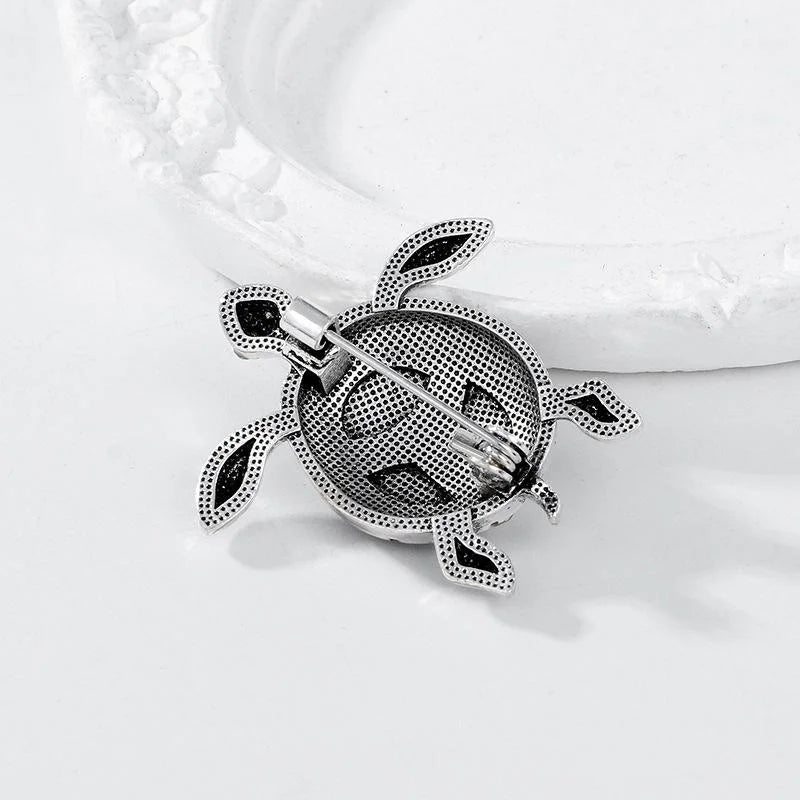 Vintage Sea Turtle Brooch With Mother Of Pearl Shell And Rhinestones, Antique Silver Alloy Lapel Pin Gift
