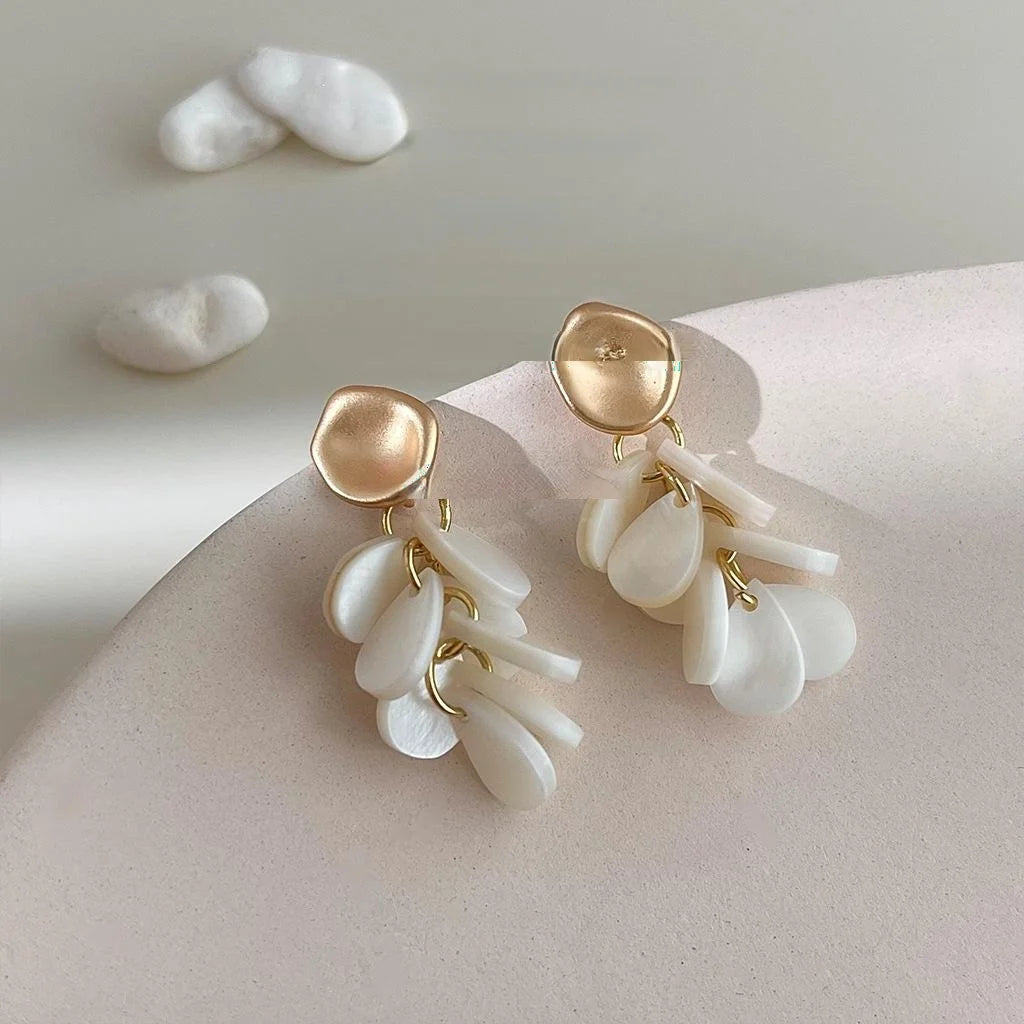 French Vintage Freshwater Shell Teardrop Tassel Drop Earrings Handmade Silver Plated Pin Jewelry