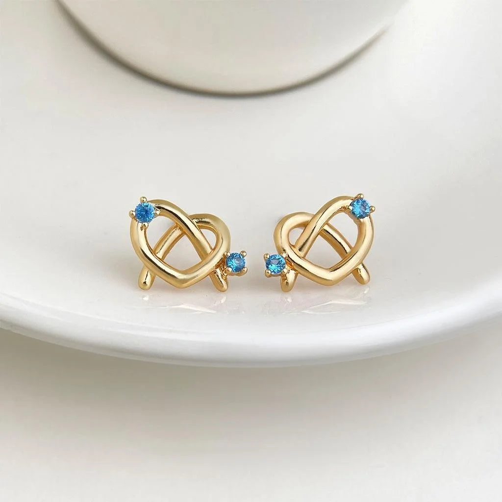 Original Design Copper Zircon Heart Pretzel Knot Stud Earrings For Women Versatile Geometric Jewelry