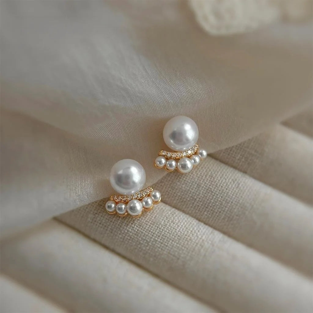 French Vintage Crown Stud Earrings Copper Micro Pave Zircon High Luster Pearl Jewelry