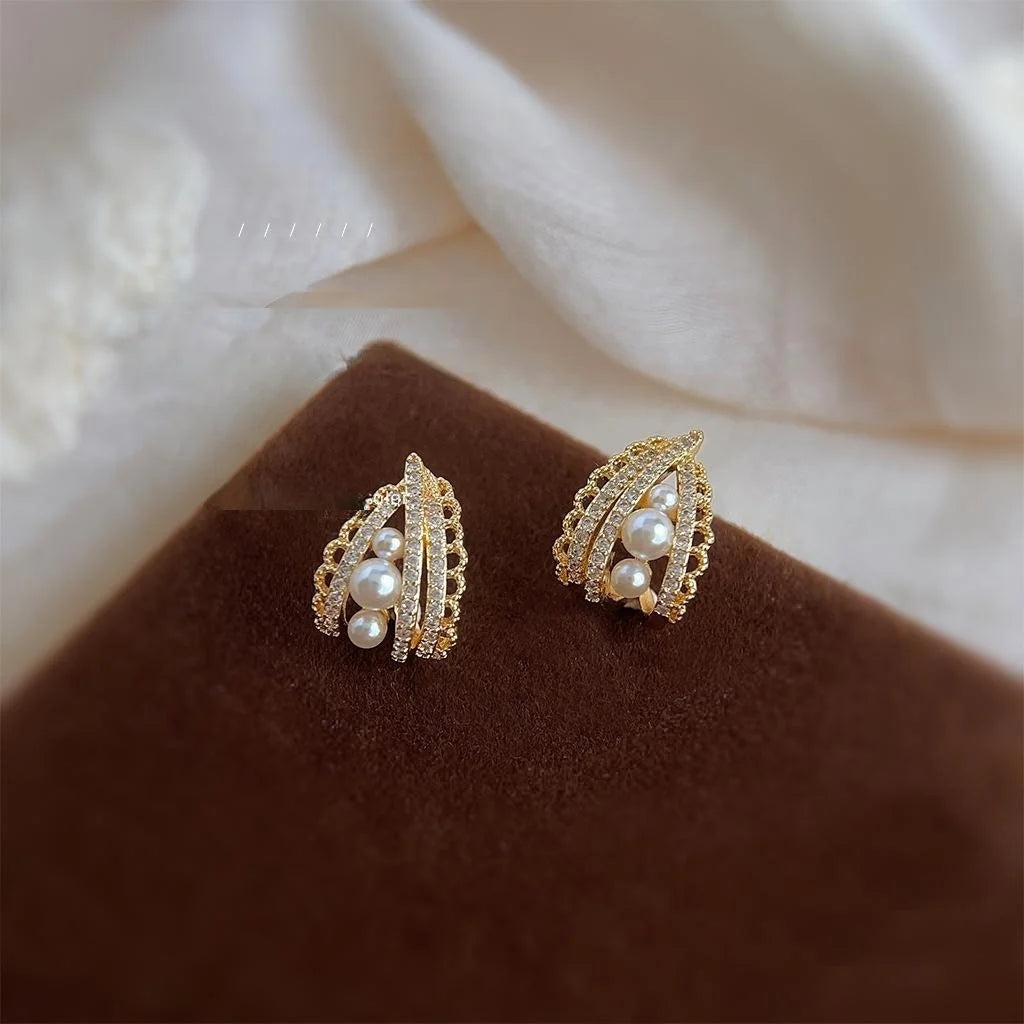 14K Gold Plated Micro Pave Zircon Pearl Drop Earrings French Elegant Hollow Lace Geometric Design