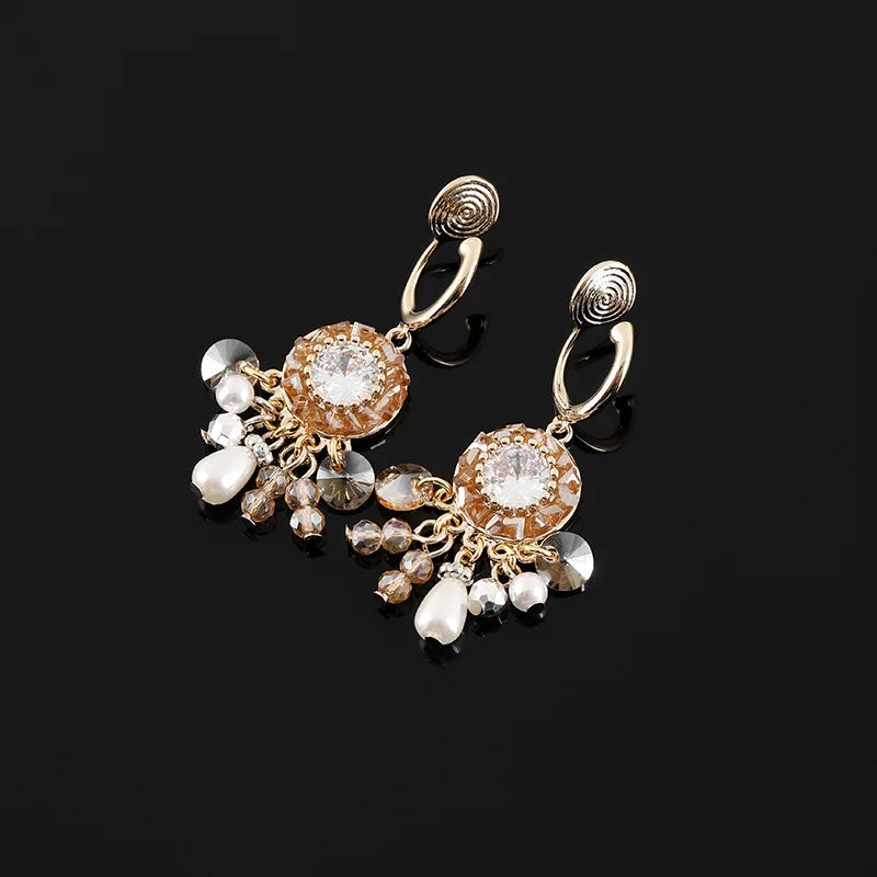 Vintage Spiral Disc Crystal Pearl Tassel Stud & Clip On No Piercing Luxury Alloy Drop Earrings