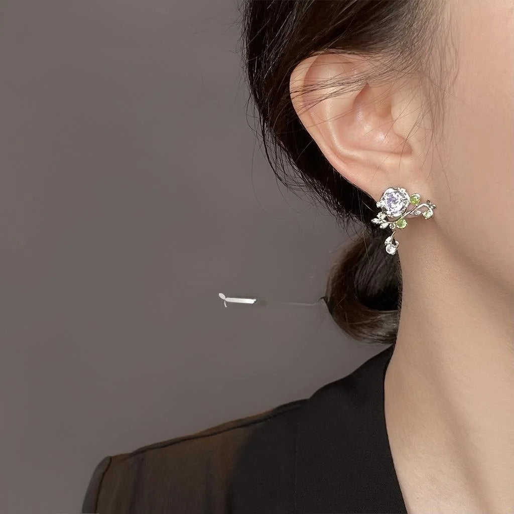 Forest Style Micro Pave Zircon Flower Leaf Stud Earrings Copper