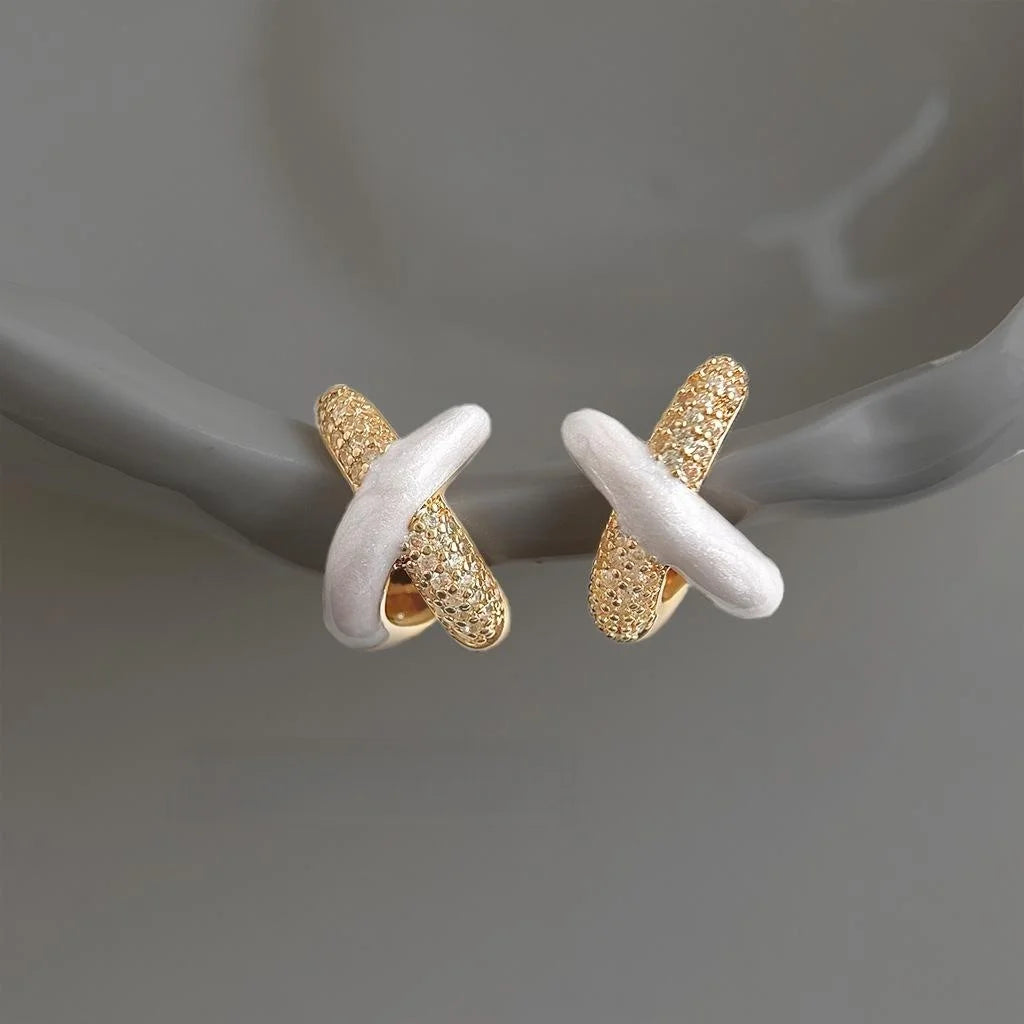 Luxury Geometric Cross Hoop Drop Earrings Copper Micro Pave Zircon Handmade Enamel Jewelry For Women