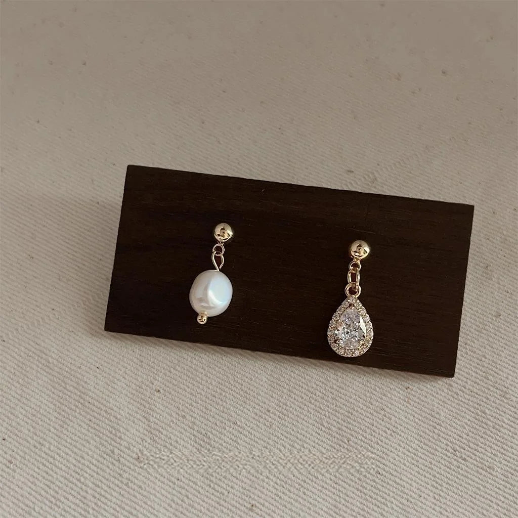 French Freshwater Pearl Zircon Teardrop Asymmetric Stud Earrings Elegant Minimalist Jewelry