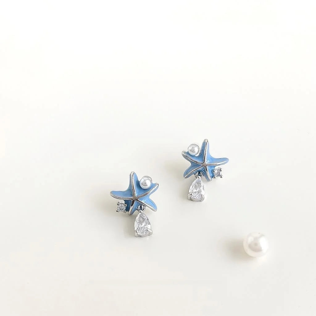 Eco Copper Enamel Starfish Stud Earrings With Micro Pave Zircon Korean Sweet Style