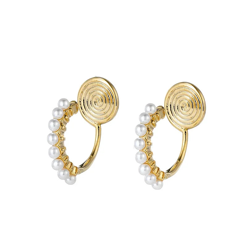 Elegant Gold Alloy Spiral Disc Hoop Pearl Stud & Clip On No Piercing Minimalist Ear Cuff Earrings