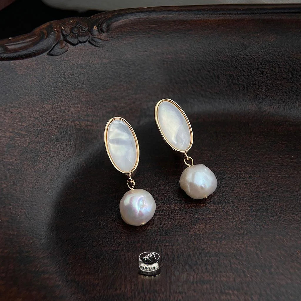 Elegant Baroque Freshwater Pearl Shell Geometric Drop Earrings With Silver Plated