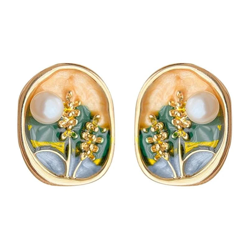 14K Gold Plated Copper Freshwater Pearl Stud Earrings French Vintage Irregular Floral Wheat