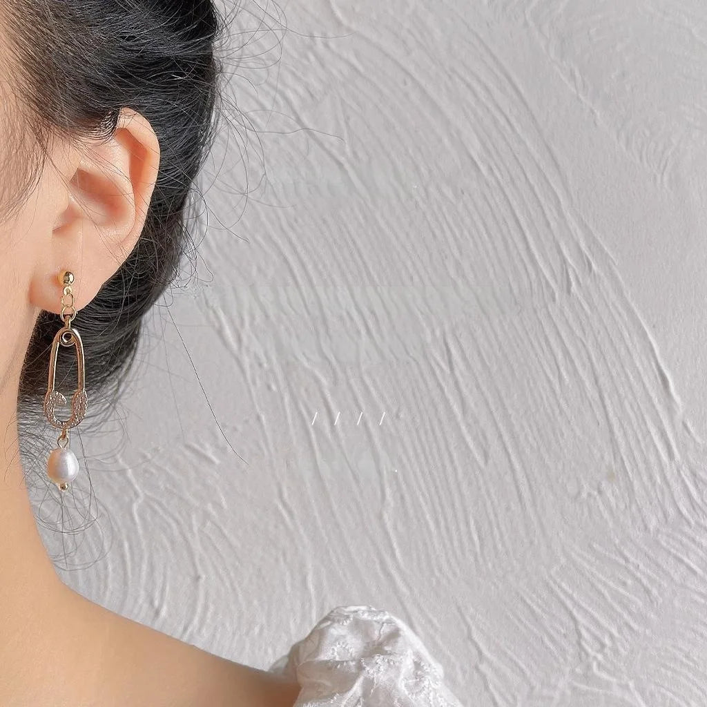 French Vintage Asymmetric Freshwater Pearl Zircon Micro Pave 14K Silver Plated Drop Earrings