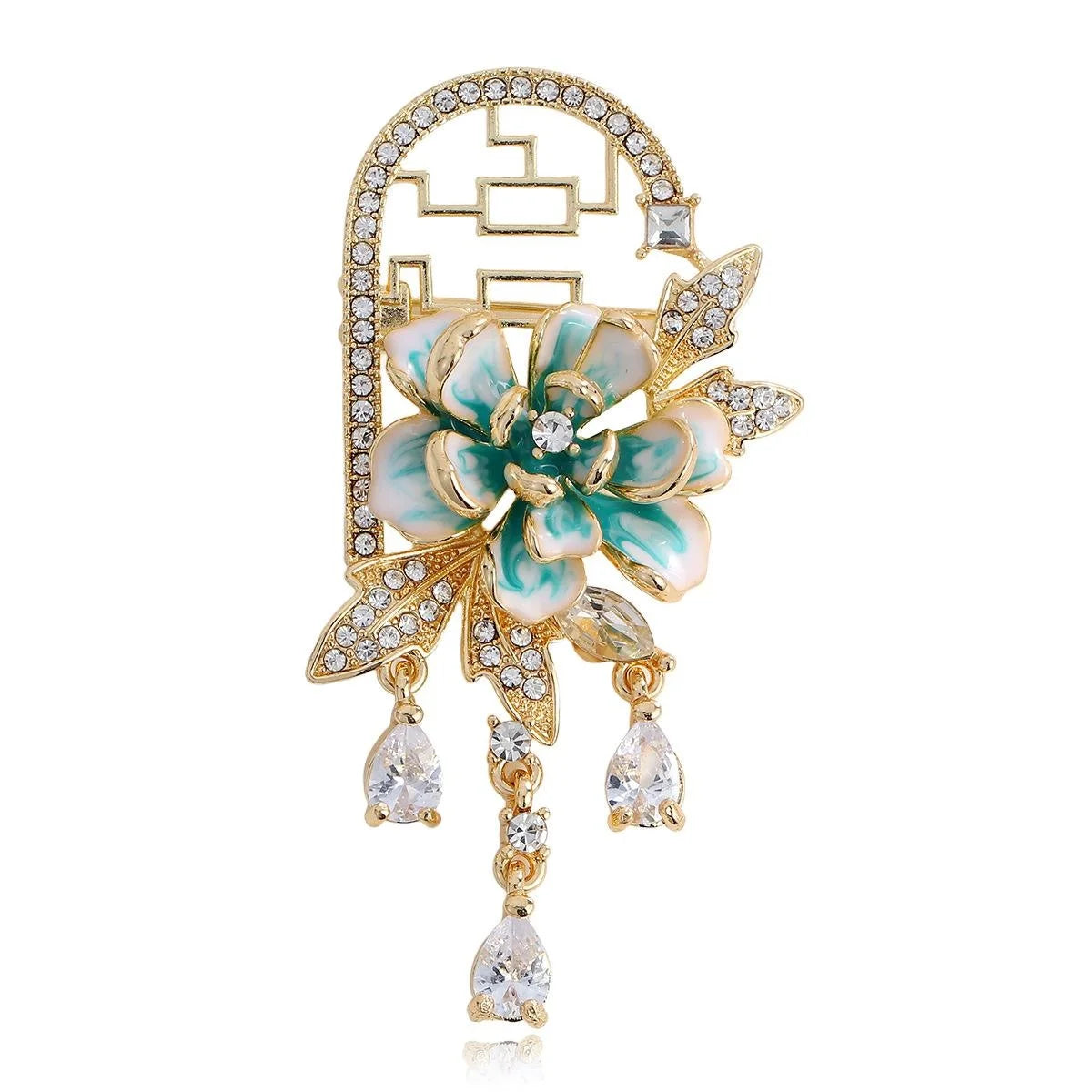 Elegant Chinese Style Enamel Peony Flower Tassel Brooch With Rhinestone Zircon, Alloy Lapel Pin Corsage Gift