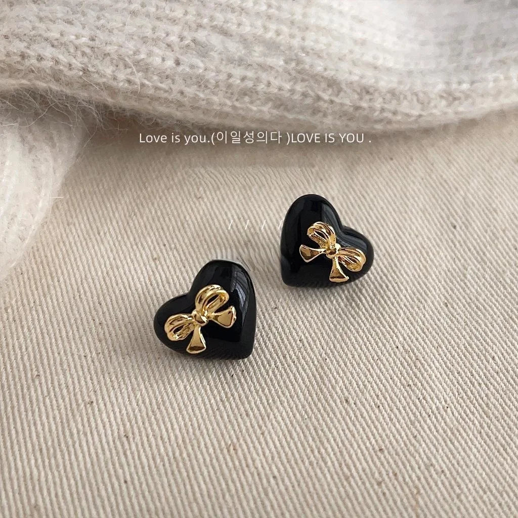 Chic Heart Bow Copper Stud Earrings Minimalist Sweet Cool Jewelry