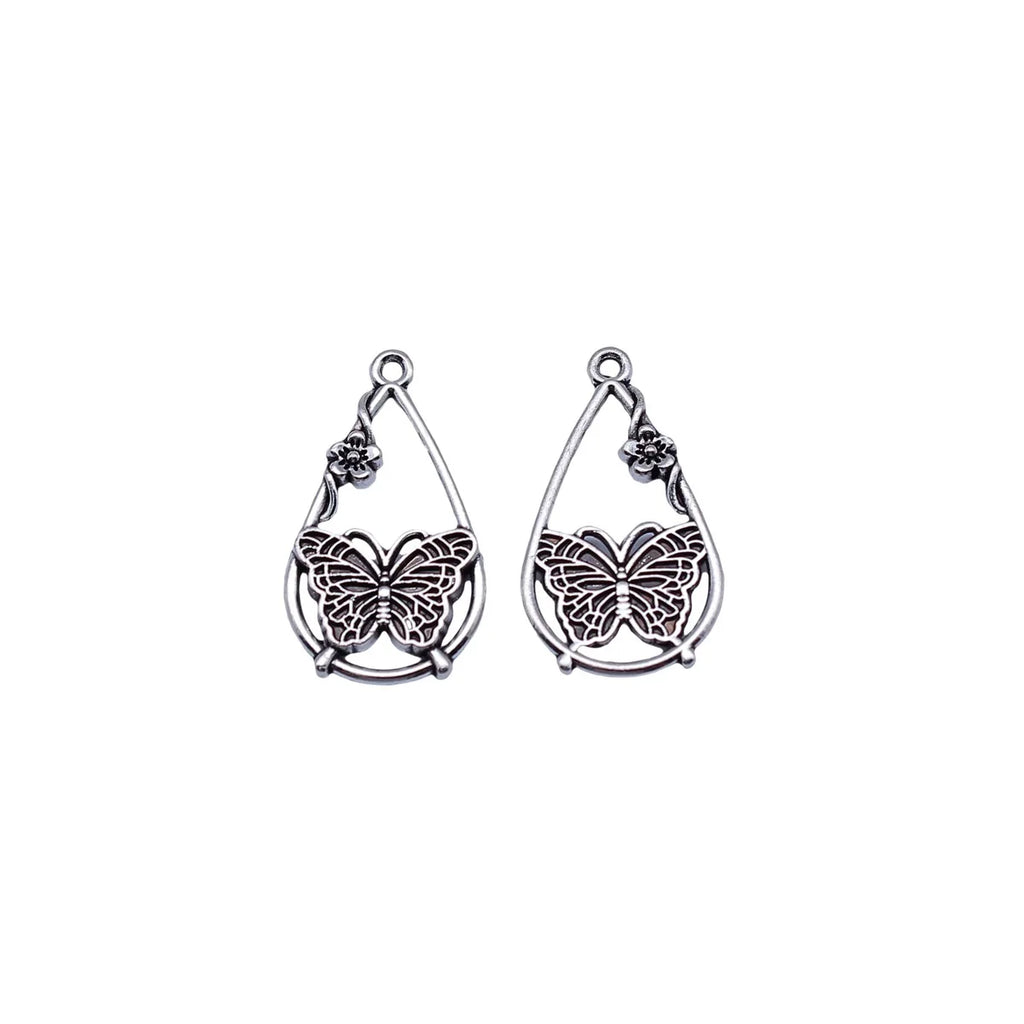 25x14mm 1.35g Antique Silver Zinc Alloy Flower Butterfly Teardrop Charm Pendant for DIY Jewelry
