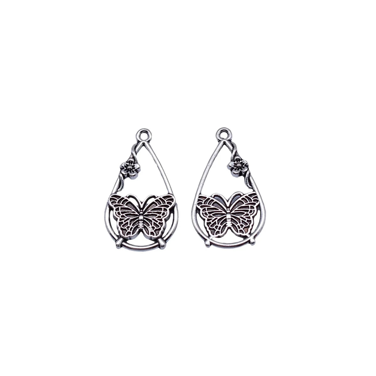 25x14mm 1.35g Antique Silver Zinc Alloy Flower Butterfly Teardrop Charm Pendant for DIY Jewelry