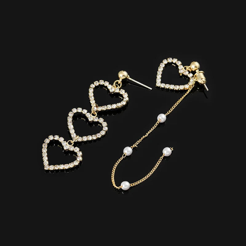 Elegant Alloy Rhinestone Heart Pearl Long Tassel Stud & Clip On No Piercing Asymmetric Drop Earrings