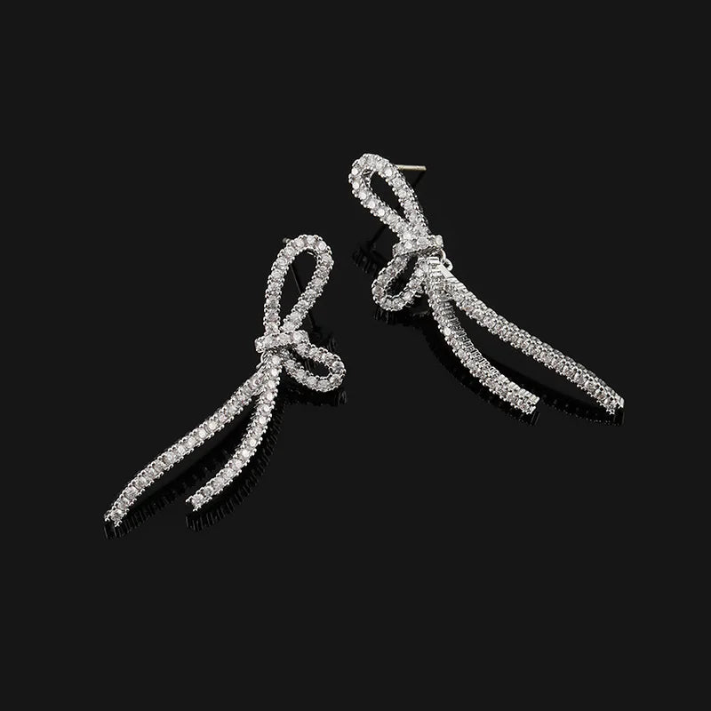 Elegant Zircon Bowknot Long Tassel Stud & Clip On No Piercing Spiral Back Statement Earrings