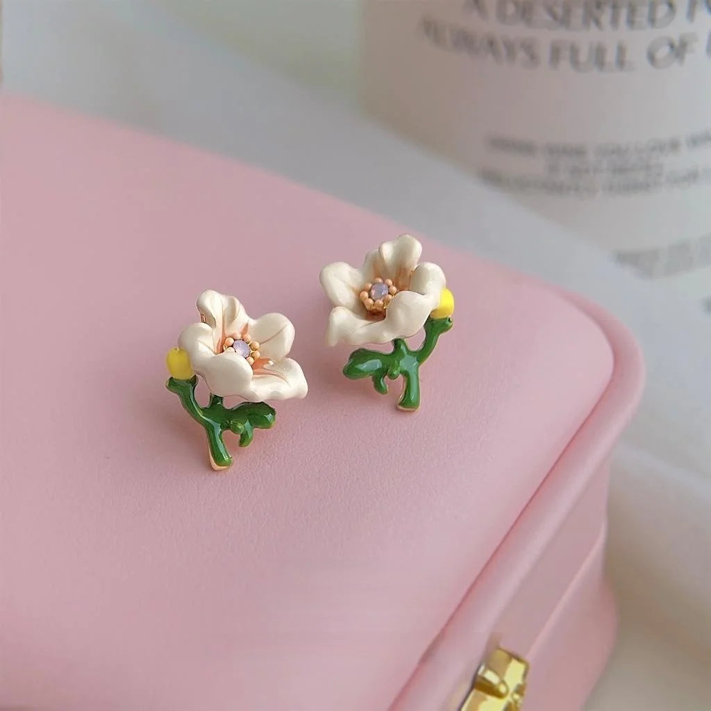 Eco Copper 14K Plated Enamel Flower Stud Earrings Forest Style Sweet Floral Jewelry
